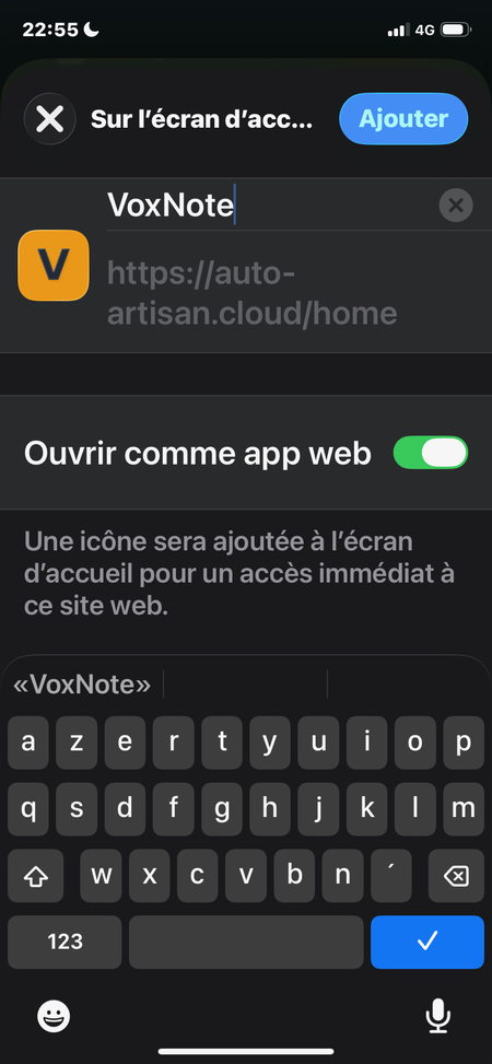 Fenêtre de confirmation iOS. Le bouton bleu « Ajouter » se trouve en haut à droite, à côté du nom de l'application.